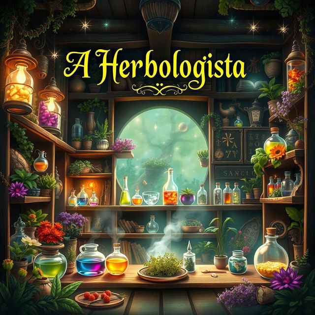 An enchanting book cover design for a fantasy novel titled 'A Herbologista'