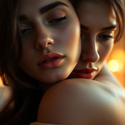 A close-up artistically rendered image of a beautiful woman showcasing an intimate moment in a sensual and tasteful manner