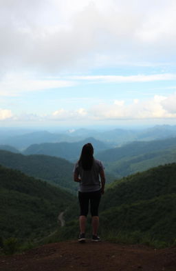 A beautiful and serene landscape view of a distant admirer gazing at a stunning natural scene, with lush green hills and soft pastel clouds in the sky