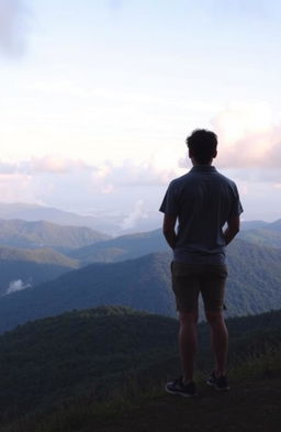 A beautiful and serene landscape view of a distant admirer gazing at a stunning natural scene, with lush green hills and soft pastel clouds in the sky