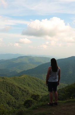 A beautiful and serene landscape view of a distant admirer gazing at a stunning natural scene, with lush green hills and soft pastel clouds in the sky