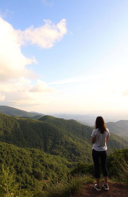 A beautiful and serene landscape view of a distant admirer gazing at a stunning natural scene, with lush green hills and soft pastel clouds in the sky