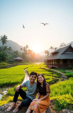 A serene and picturesque landscape of a traditional Indonesian village (kampung) in the early morning
