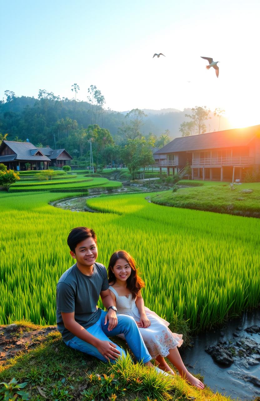 A serene and picturesque landscape of a traditional Indonesian village (kampung) in the early morning