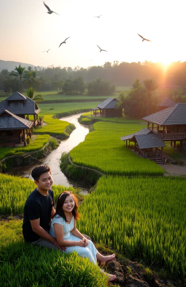 A serene and picturesque landscape of a traditional Indonesian village (kampung) in the early morning