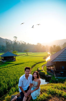 A serene and picturesque landscape of a traditional Indonesian village (kampung) in the early morning