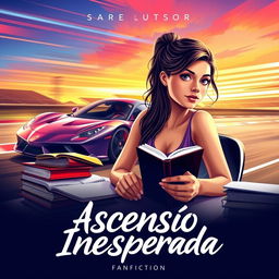 A vibrant book cover for the fanfiction 'Ascensão Inesperada', featuring a young female writer as the protagonist