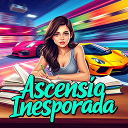 A vibrant book cover for the fanfiction 'Ascensão Inesperada', featuring a young female writer as the protagonist