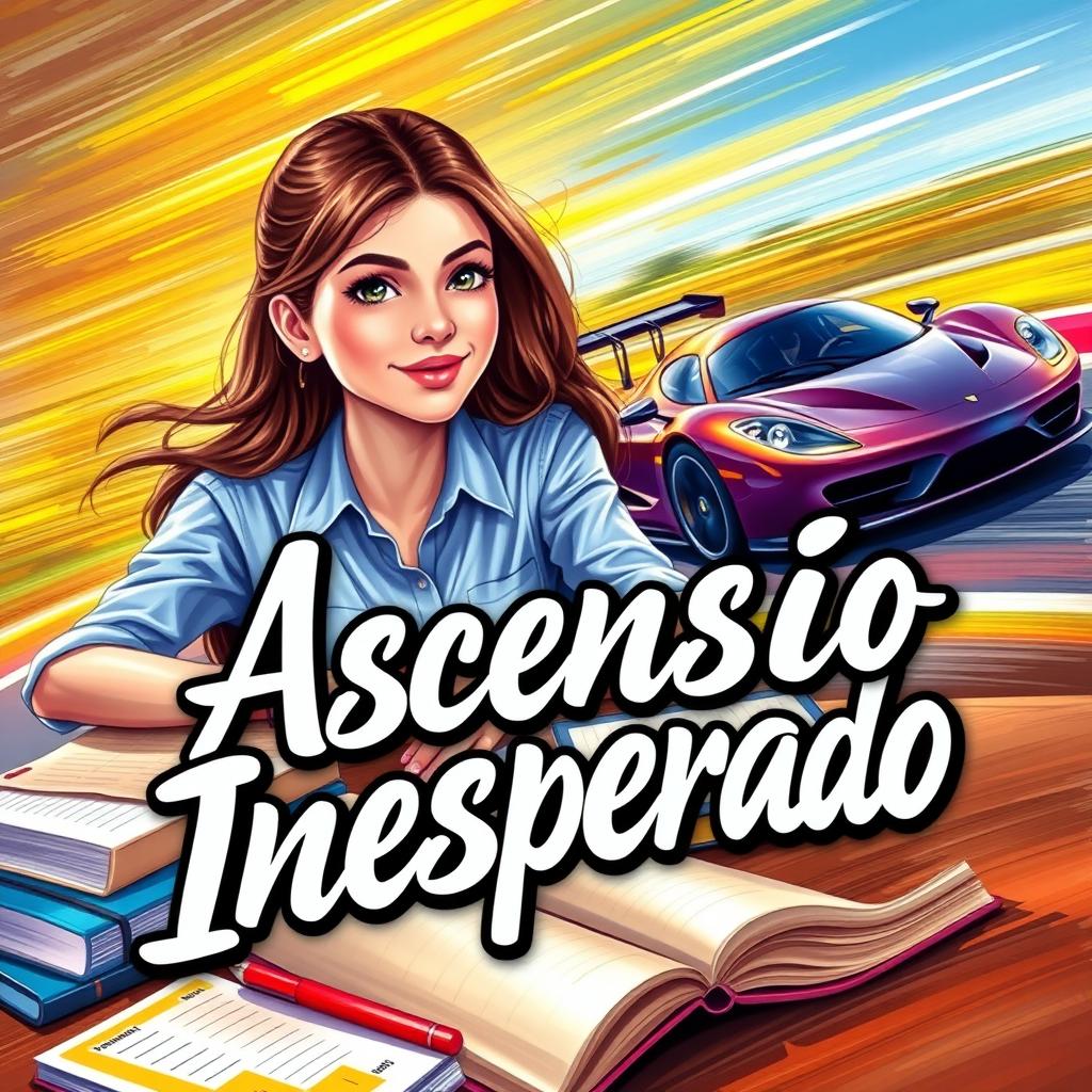 A vibrant book cover for the fanfiction 'Ascensão Inesperada', featuring a young female writer as the protagonist