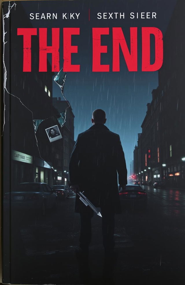 A dark, moody book cover for a thriller titled 'The End,' featuring a lone man dressed in dark clothing standing in the shadows of a gritty, rain-soaked city at night