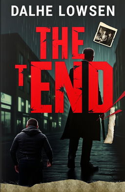 A dark, moody book cover for a thriller titled 'The End,' featuring a lone man dressed in dark clothing standing in the shadows of a gritty, rain-soaked city at night