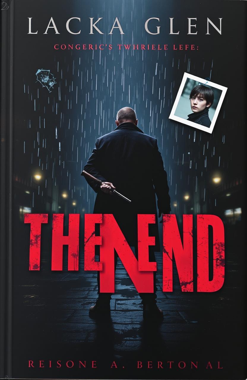 A dark, moody book cover for a thriller titled 'The End,' featuring a lone man dressed in dark clothing standing in the shadows of a gritty, rain-soaked city at night