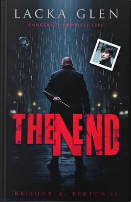 A dark, moody book cover for a thriller titled 'The End,' featuring a lone man dressed in dark clothing standing in the shadows of a gritty, rain-soaked city at night