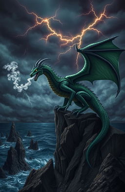A fearsome dragon perched atop a rocky cliff, smoke billowing from its nostrils, against a stormy sky filled with dark clouds and lightning strikes