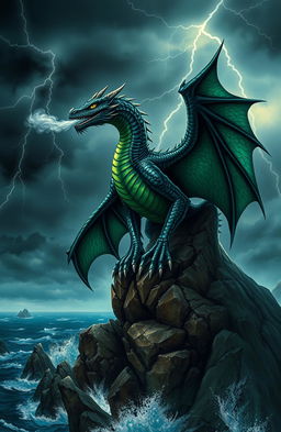 A fearsome dragon perched atop a rocky cliff, smoke billowing from its nostrils, against a stormy sky filled with dark clouds and lightning strikes