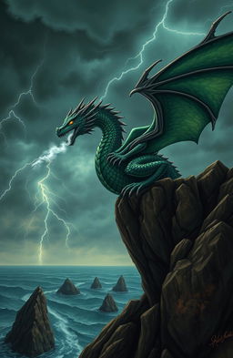 A fearsome dragon perched atop a rocky cliff, smoke billowing from its nostrils, against a stormy sky filled with dark clouds and lightning strikes