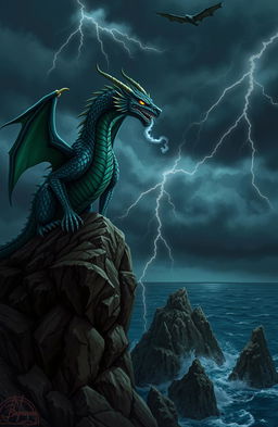 A fearsome dragon perched atop a rocky cliff, smoke billowing from its nostrils, against a stormy sky filled with dark clouds and lightning strikes