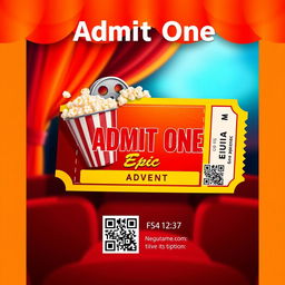 A realistic movie ticket design showcasing a vibrant cinema theme