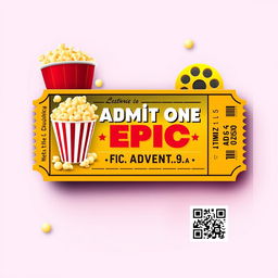 A realistic movie ticket design showcasing a vibrant cinema theme