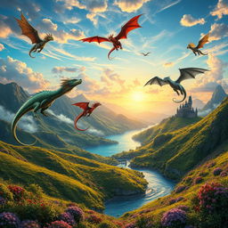 A mesmerizing fantasy landscape depicting the Dragon World, filled with majestic dragons soaring through a colorful sky