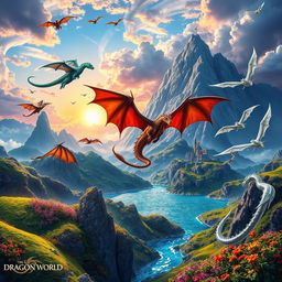 A mesmerizing fantasy landscape depicting the Dragon World, filled with majestic dragons soaring through a colorful sky