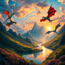 A mesmerizing fantasy landscape depicting the Dragon World, filled with majestic dragons soaring through a colorful sky
