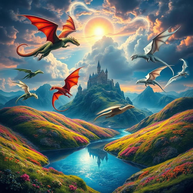 A mesmerizing fantasy landscape depicting the Dragon World, filled with majestic dragons soaring through a colorful sky