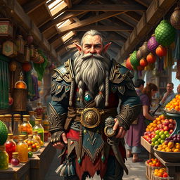 A merchant dwarf standing proudly at a bustling market stall filled with colorful goods