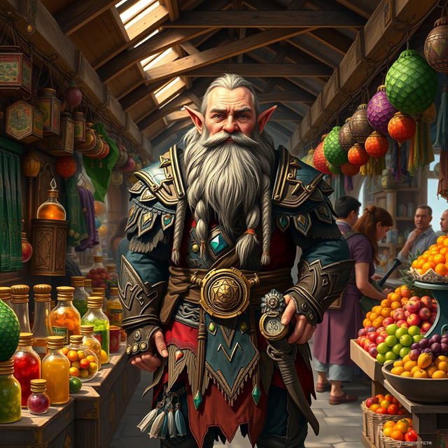 A merchant dwarf standing proudly at a bustling market stall filled with colorful goods