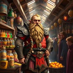A merchant dwarf standing proudly at a bustling market stall filled with colorful goods