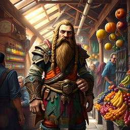 A merchant dwarf standing proudly at a bustling market stall filled with colorful goods
