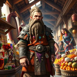 A merchant dwarf standing proudly at a bustling market stall filled with colorful goods