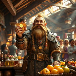 A merchant dwarf standing behind a bustling market stall, joyfully counting a pile of shiny gold coins in his hand
