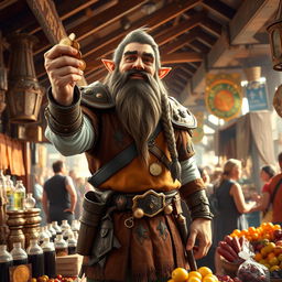 A merchant dwarf standing behind a bustling market stall, joyfully counting a pile of shiny gold coins in his hand