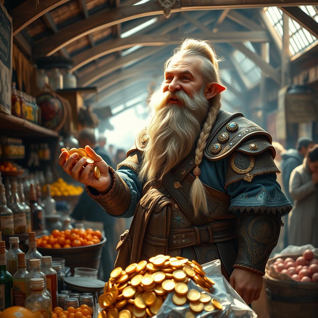 A merchant dwarf standing behind a bustling market stall, joyfully counting a pile of shiny gold coins in his hand