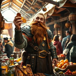 A merchant dwarf standing behind a bustling market stall, joyfully counting a pile of shiny gold coins in his hand