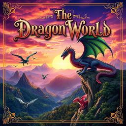 An enchanting cover design for 'The Dragon World', featuring a captivating fantasy landscape filled with awe-inspiring dragons of various colors and types