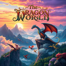 An enchanting cover design for 'The Dragon World', featuring a captivating fantasy landscape filled with awe-inspiring dragons of various colors and types