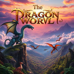 An enchanting cover design for 'The Dragon World', featuring a captivating fantasy landscape filled with awe-inspiring dragons of various colors and types