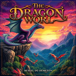 An enchanting cover design for 'The Dragon World', featuring a captivating fantasy landscape filled with awe-inspiring dragons of various colors and types