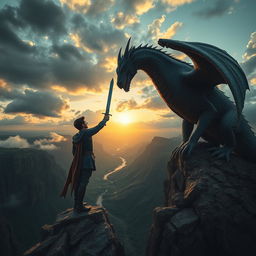 A breathtaking image of a young man facing off against a colossal dragon on the edge of a rugged cliff
