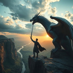 A breathtaking image of a young man facing off against a colossal dragon on the edge of a rugged cliff