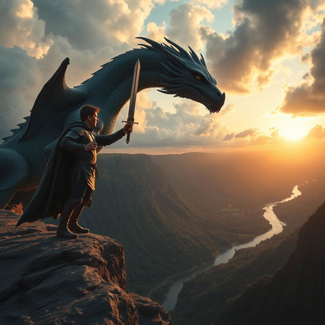 A breathtaking image of a young man facing off against a colossal dragon on the edge of a rugged cliff