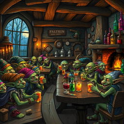 A lively goblin tavern filled with vibrant colors and quirky details