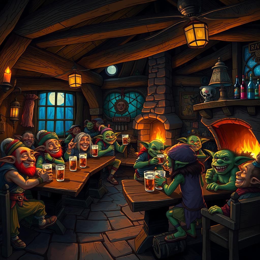 A lively goblin tavern filled with vibrant colors and quirky details