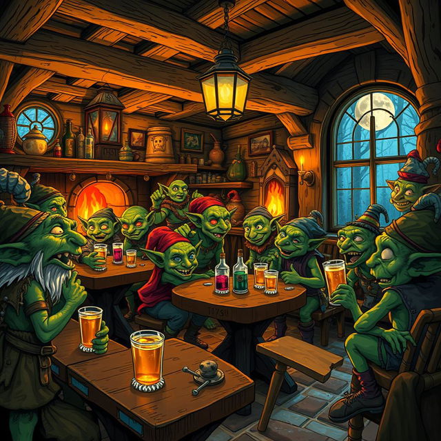 A lively goblin tavern filled with vibrant colors and quirky details