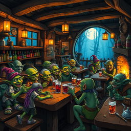 A lively goblin tavern filled with vibrant colors and quirky details