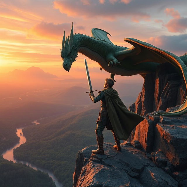 An intense scene capturing a young man bravely facing off against a fearsome dragon on the edge of a dramatic cliff