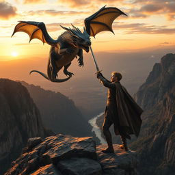 An intense scene capturing a young man bravely facing off against a fearsome dragon on the edge of a dramatic cliff