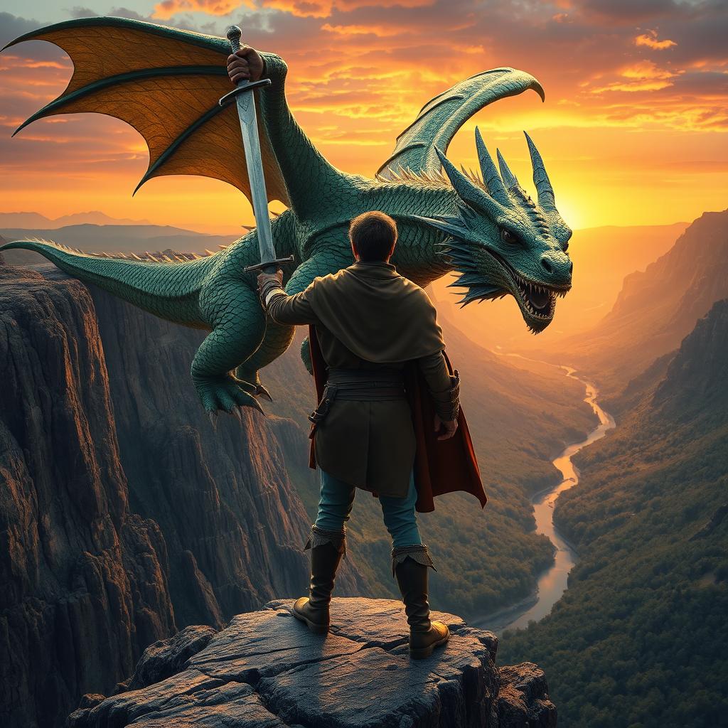 An intense scene capturing a young man bravely facing off against a fearsome dragon on the edge of a dramatic cliff